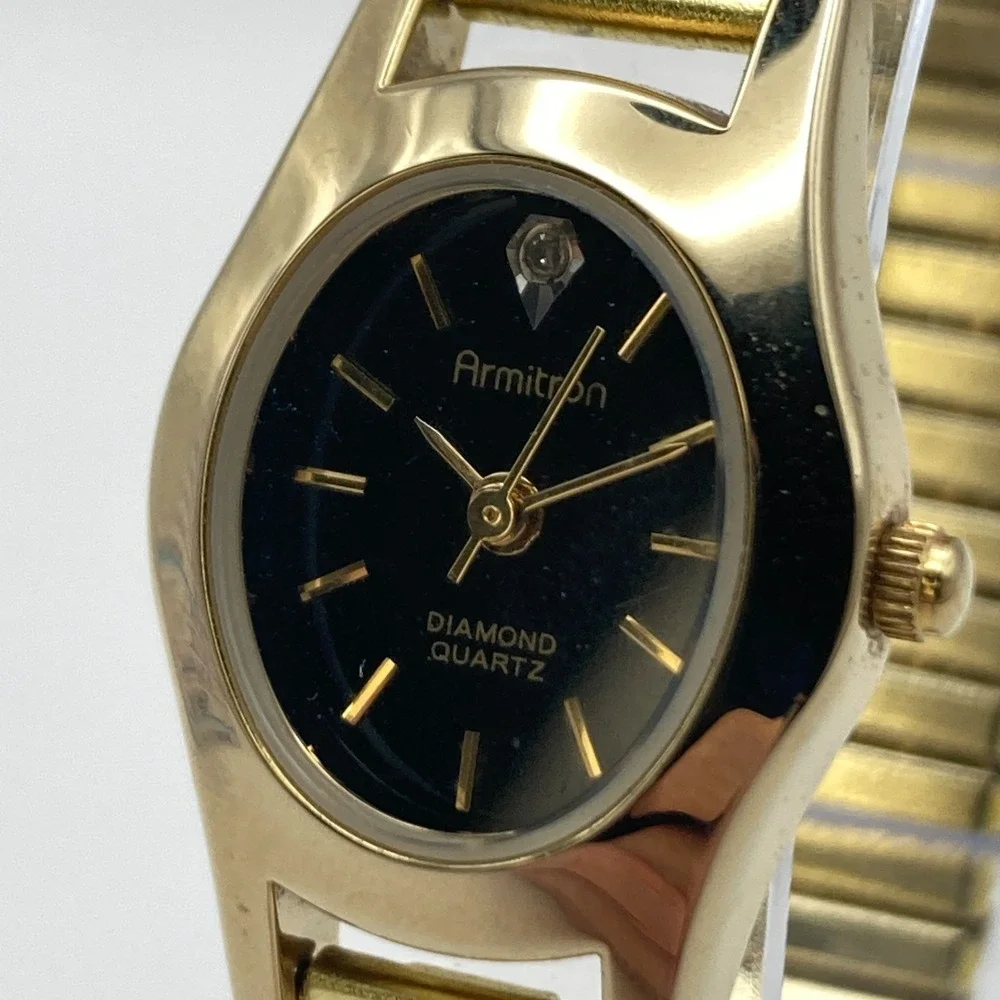 Vintage Armitron Women's Watch Gold Tone Diamond Stretch Band New Battery 6.75